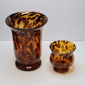 Amber Tortoiseshell Hand Blown Art Glass Vase Set 2pc Leopard Print Brown Gold